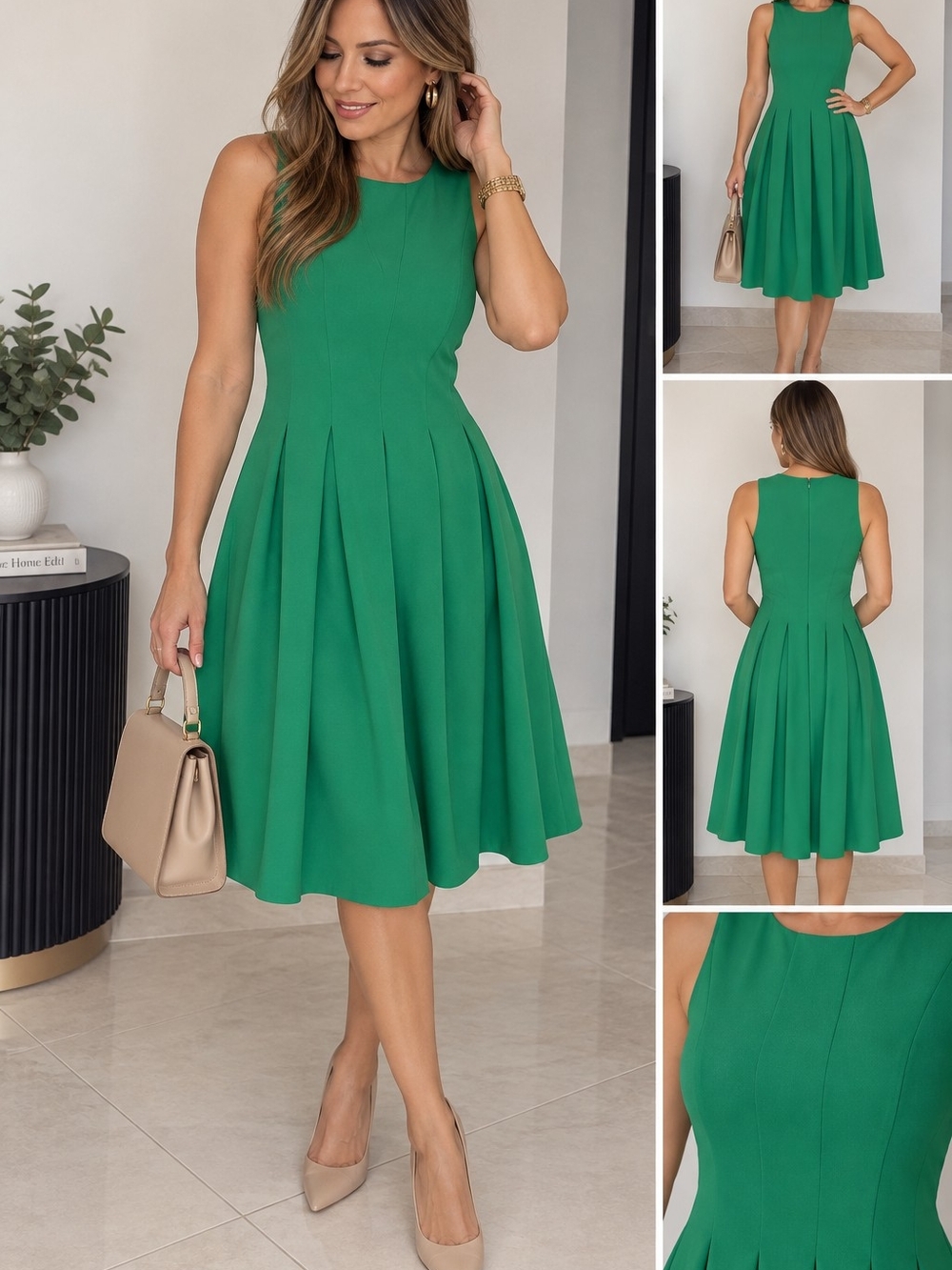 Calvin Klein Sleeveless Emerald Green Pleated Fit-and-Flare Dress
